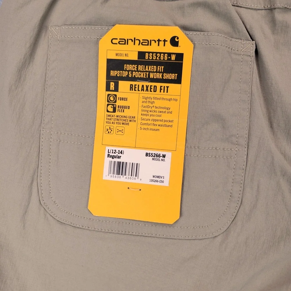 Carhartt Force Relaxed Fit Ripstop Work Shorts Womens L Tan BS5266-W 5in Inseam